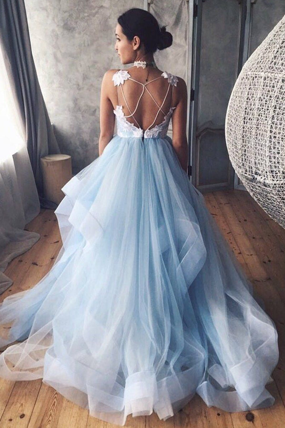 V Neck Blue Long Prom Dresses with Lace Appliques, Backless Formal Dresses GP310