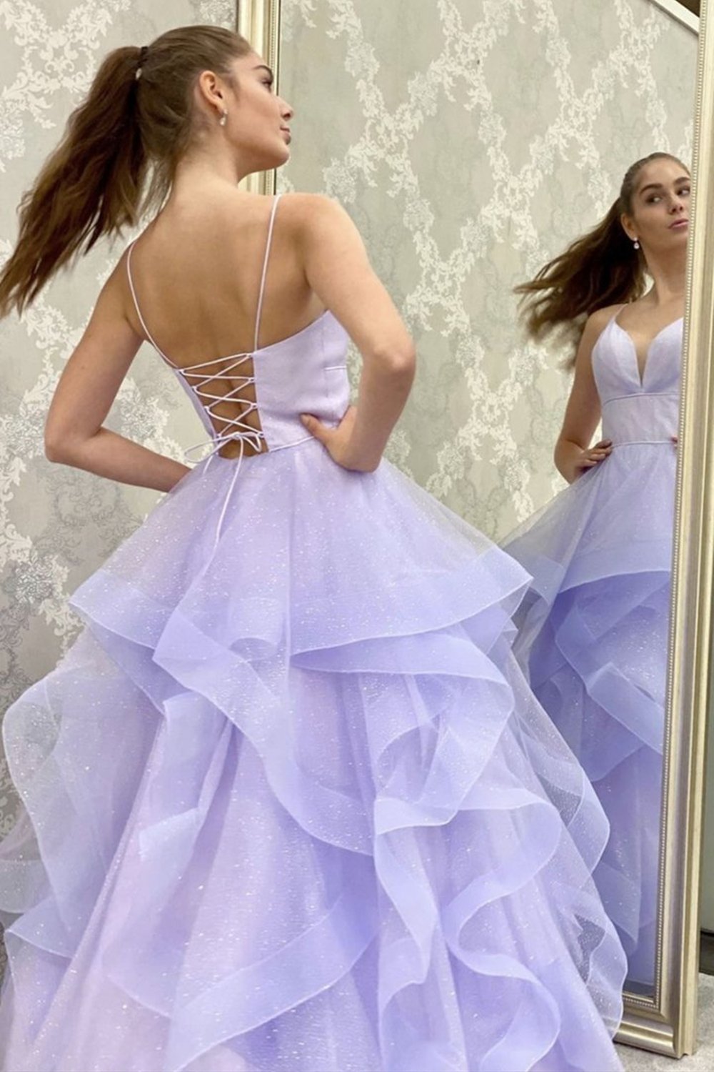 A-line V Neck Backless Lilac Long Prom Dress, Sparkly Formal Gown GP172