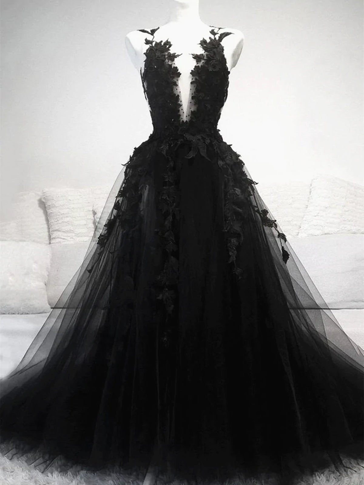 Vestidos de fiesta de encaje negro con cuello en V, vestido de graduación formal largo vintage
