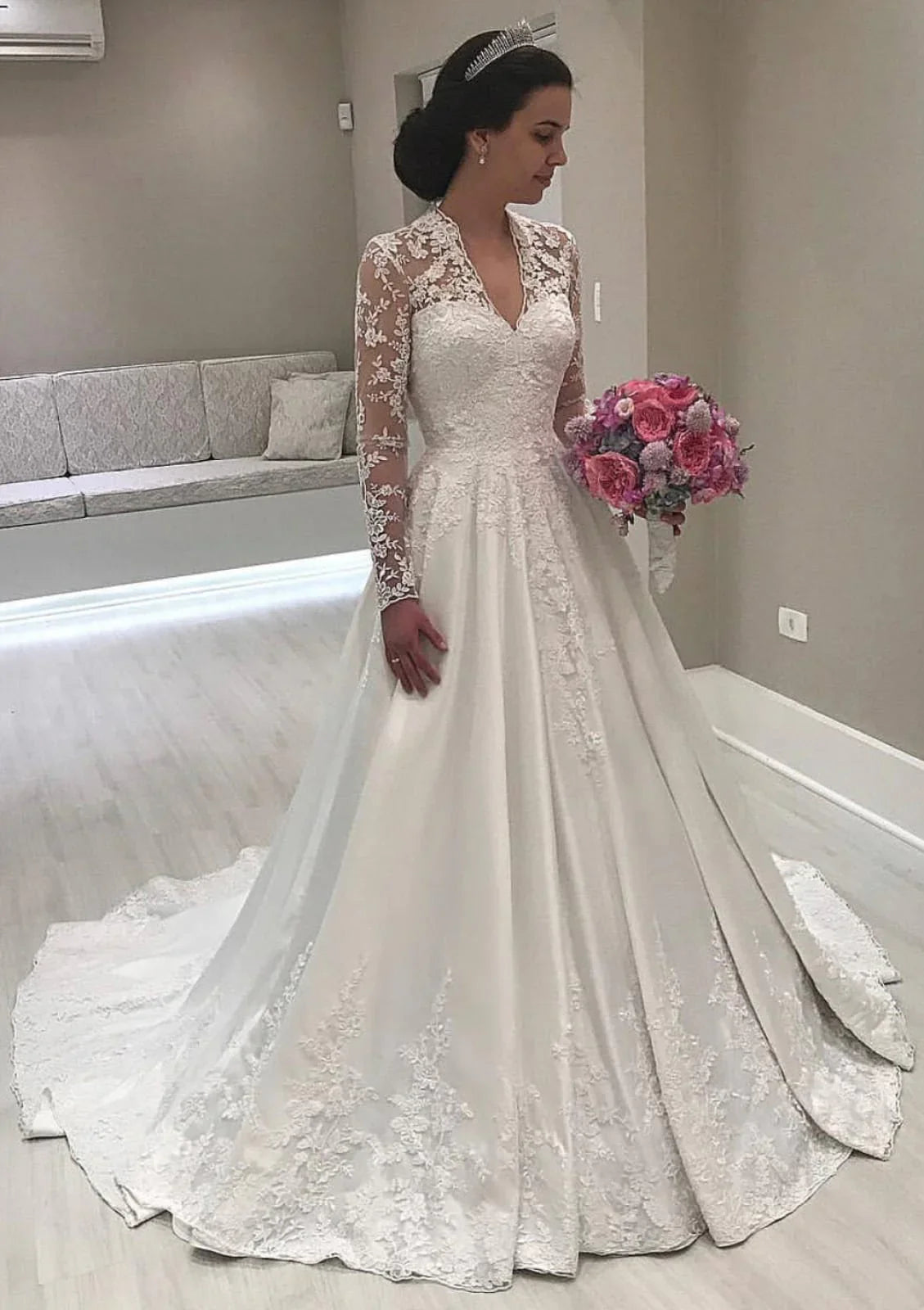 Vintage White Lace A-Line Wedding Dresses Appliques Long Sleeve Bridal Gown, AST972