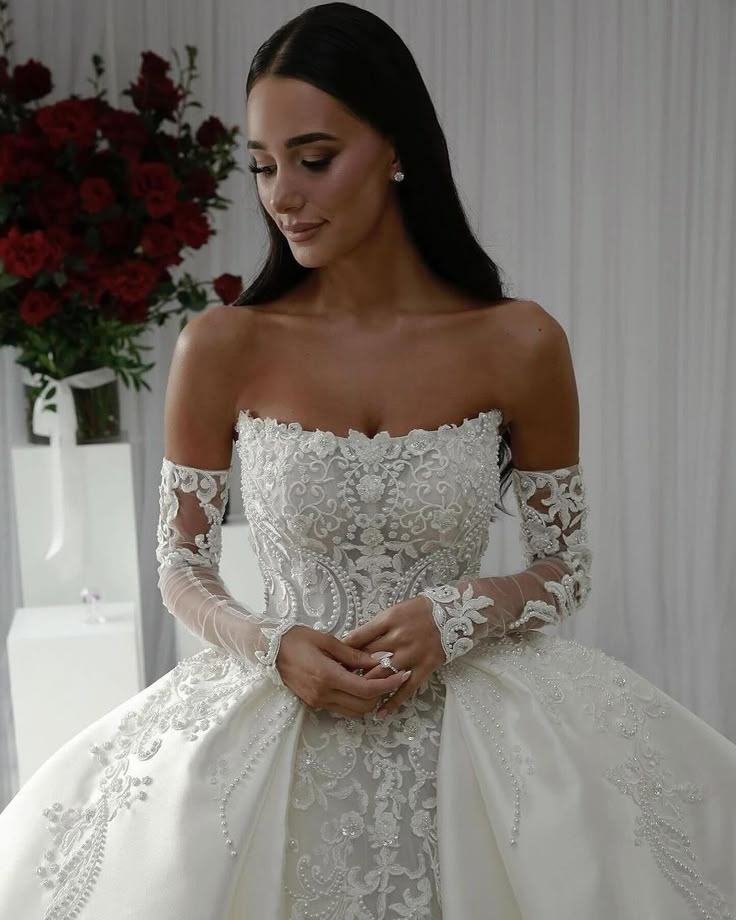 Vestido de novia modesto, vestido de fiesta sin tirantes, blanco, de satén, largo, con guantes, W0105