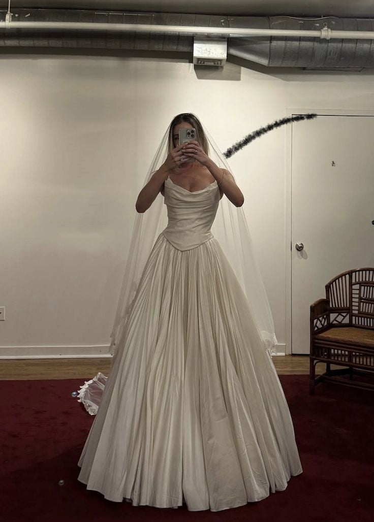 Vestido de novia modesto, vestido de fiesta sin tirantes, blanco, de satén, largo, para novias, W0121