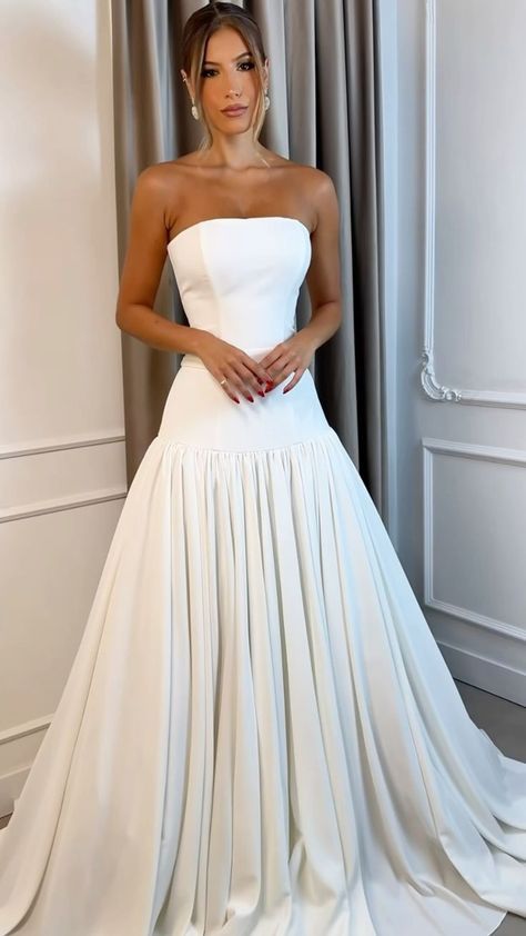 Vestido de novia de ensueño, corte sirena, sin tirantes, blanco, de satén, largo, W0126