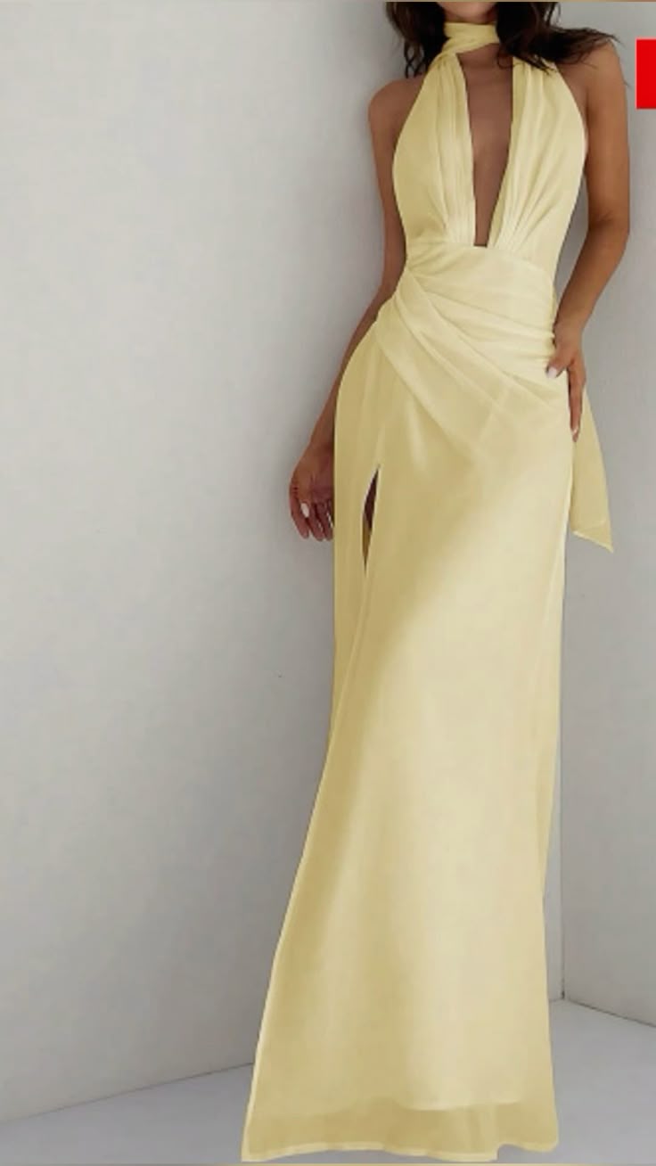 Elegant A line V Neck Yellow Chiffon Long Slit Prom Dresses Formal Summer Wedding Guest Dresses Wedding Guest Outfit W0269