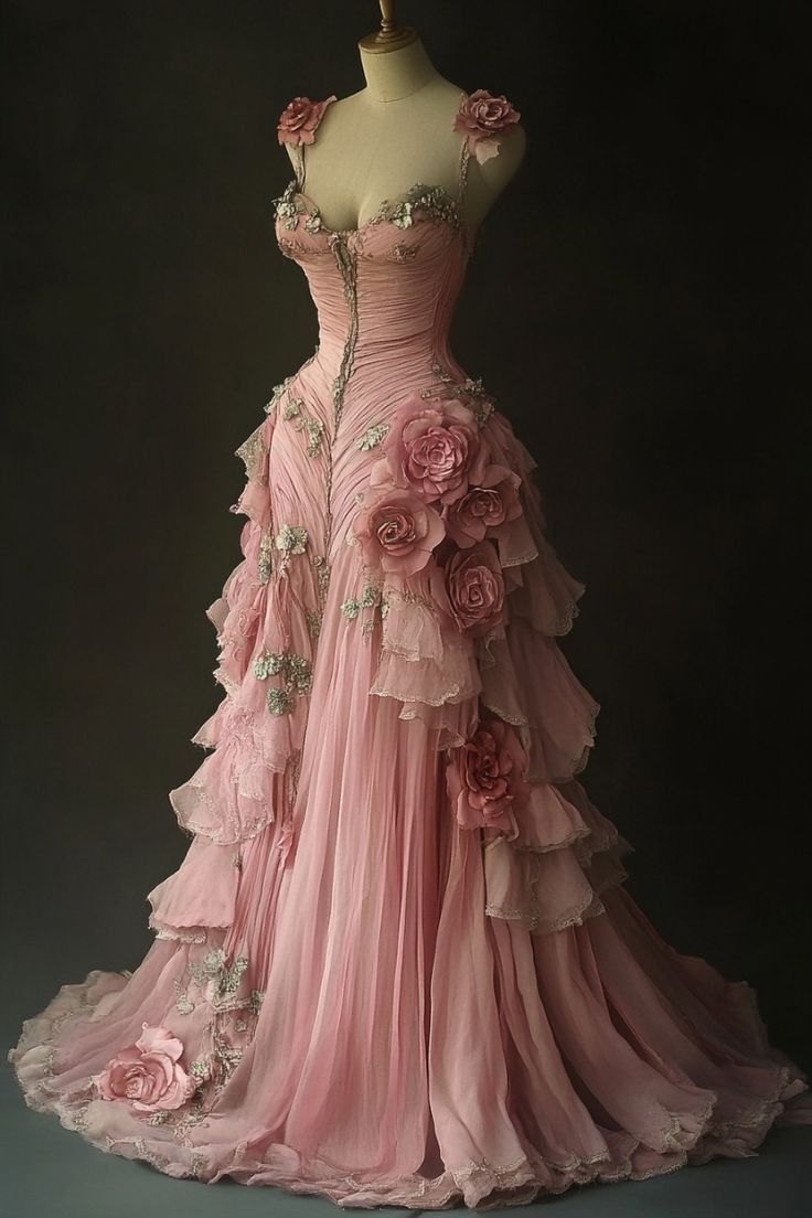 Hermoso vestido de quinceañera largo de tul con tirantes finos en color rosa, formal, de manga corta y flores, W0278