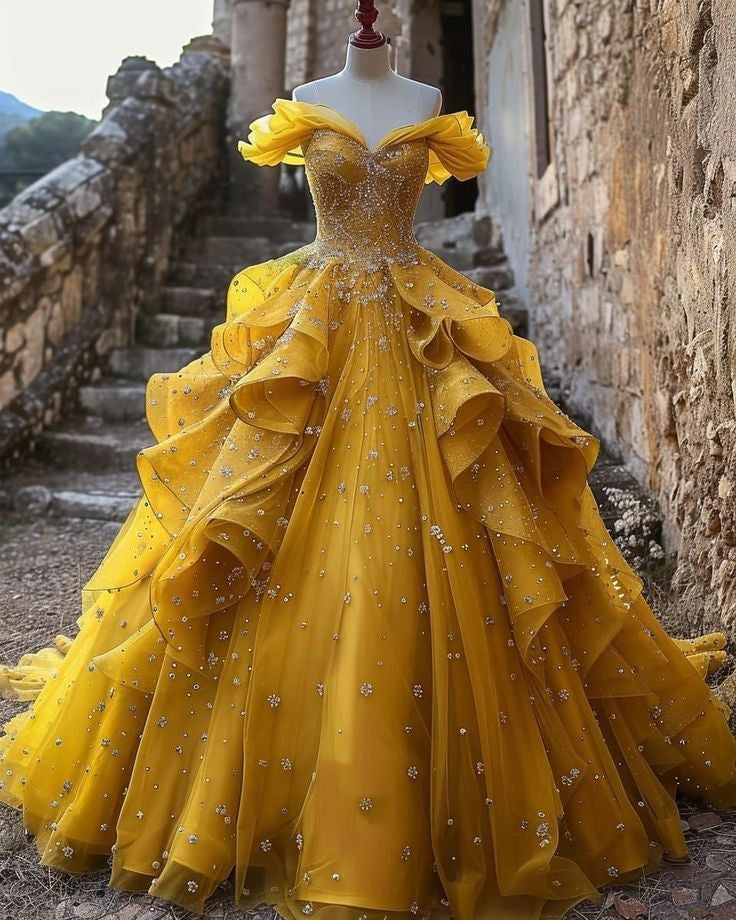 Hermoso vestido de quinceañera largo de tul amarillo con cuentas y hombros descubiertos, formal, de manga corta y flores, W0279