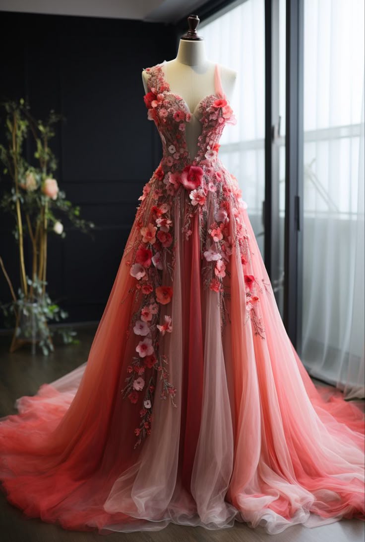 Hermoso vestido de quinceañera largo de tul rosa con escote corazón, formal, de manga corta, con flores, para 15 años, dulce 16, W0288