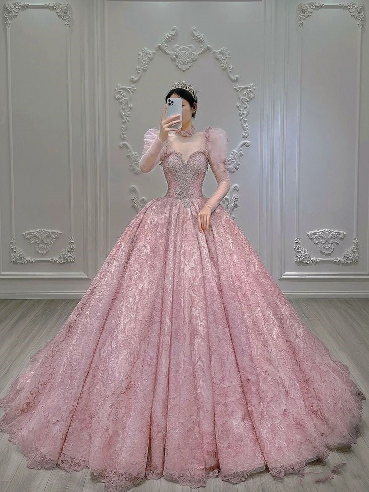 Hermoso vestido de quinceañera largo con escote en forma de corazón de tul rosa con cuentas, vestido formal de manga corta con flores, vestido de 15 años, vestido de dulces 16 W0297