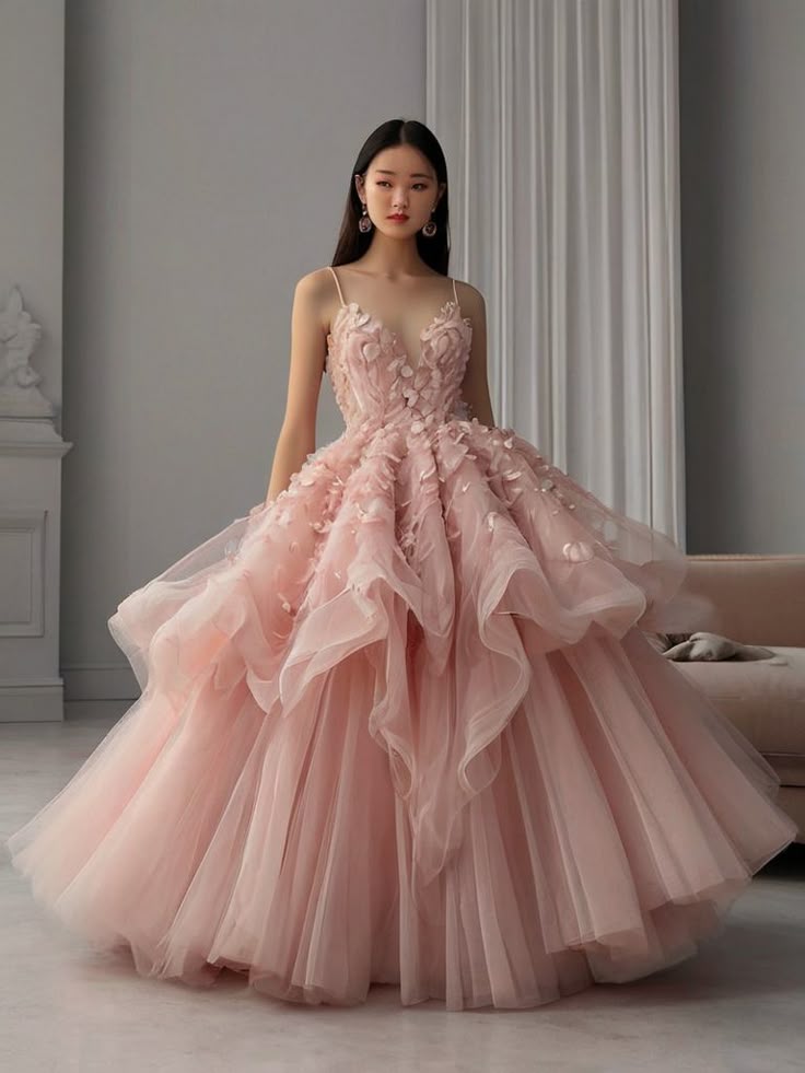 Vestido de quinceañera largo con tirantes finos y flores rosas, vestido formal de 15 años W0301