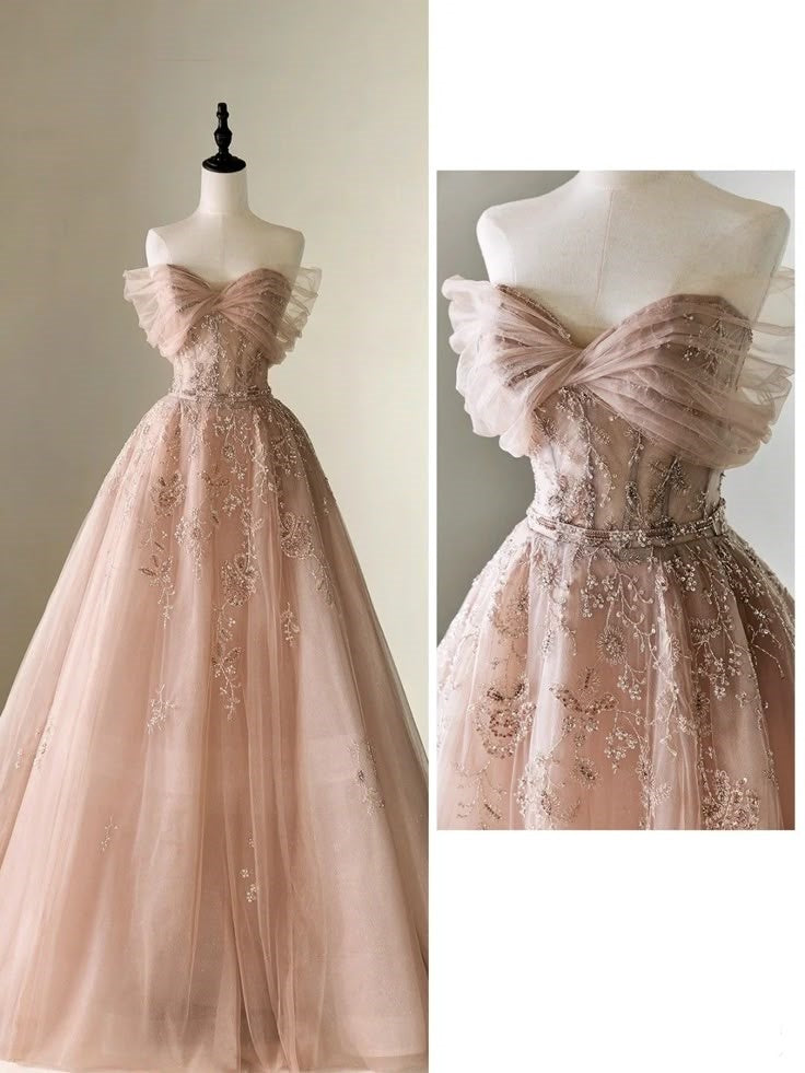 Hermoso vestido de quinceañera largo de tul rosa con hombros descubiertos, vestido formal con flores, vestido de 15 años, vestido de dulces 16 W0303