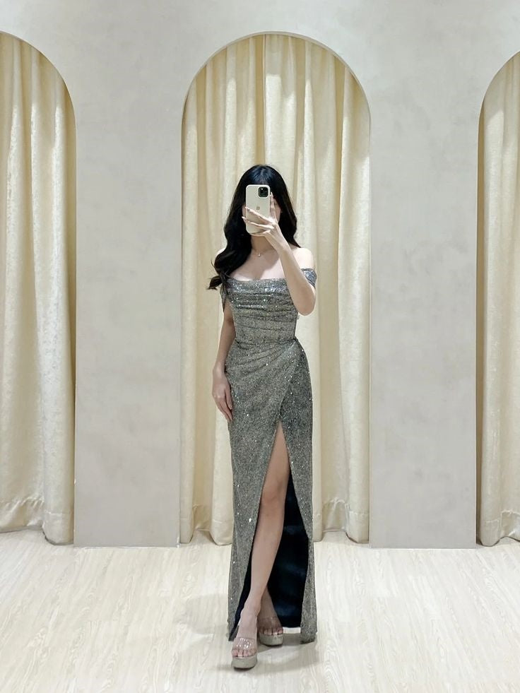 Vestido de fiesta largo con lentejuelas grises y hombros descubiertos, estilo sirena, elegante, para invitadas de boda de verano, W0381
