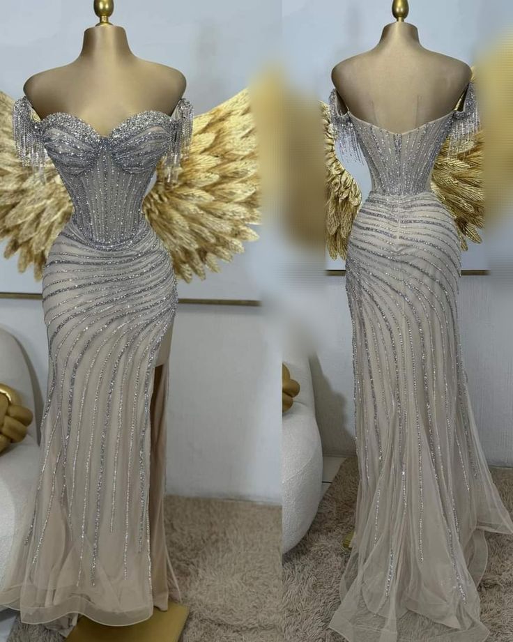 Vestido de fiesta elegante de sirena con hombros descubiertos, lentejuelas color champán, abertura larga, para fiesta, cumpleaños, graduación, W0438