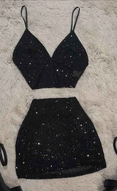 Pretty Sheath 2 Pieces Little Black Dress Sequin Short Homecoming Dresses Summer Hoco Dresses Cocktail Dress Birthday Outfits W0576