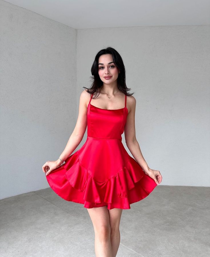 Vestido de fiesta rojo sin mangas, estilo formal, corto, de corte A y tirantes finos, para octavo grado, de verano, para escuela secundaria, cóctel, cumpleaños, W0620