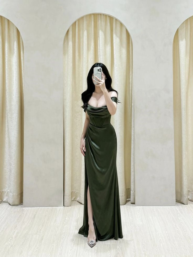 Vestido de fiesta largo con corte sirena, hombros descubiertos, verde, con abertura, para invitada de boda de verano, W0673