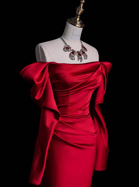 Vestido largo de satén rojo con hombros descubiertos y elegante vestido de fiesta formal de verano para invitadas de boda W0726