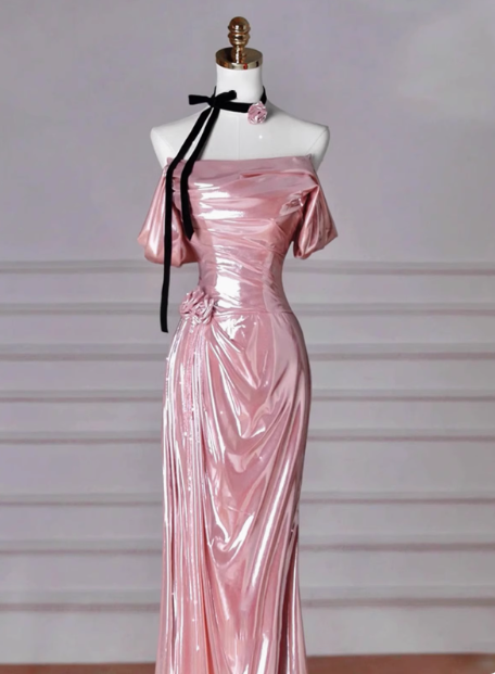 Vestido de fiesta largo con lentejuelas rosas y hombros descubiertos, estilo sirena, elegante, para invitadas de boda de verano, W0732