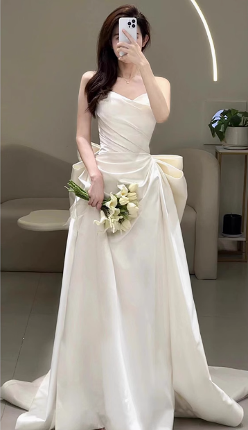 Vestido de novia de ensueño, corte corazón, satén blanco, largo, de verano, W0737