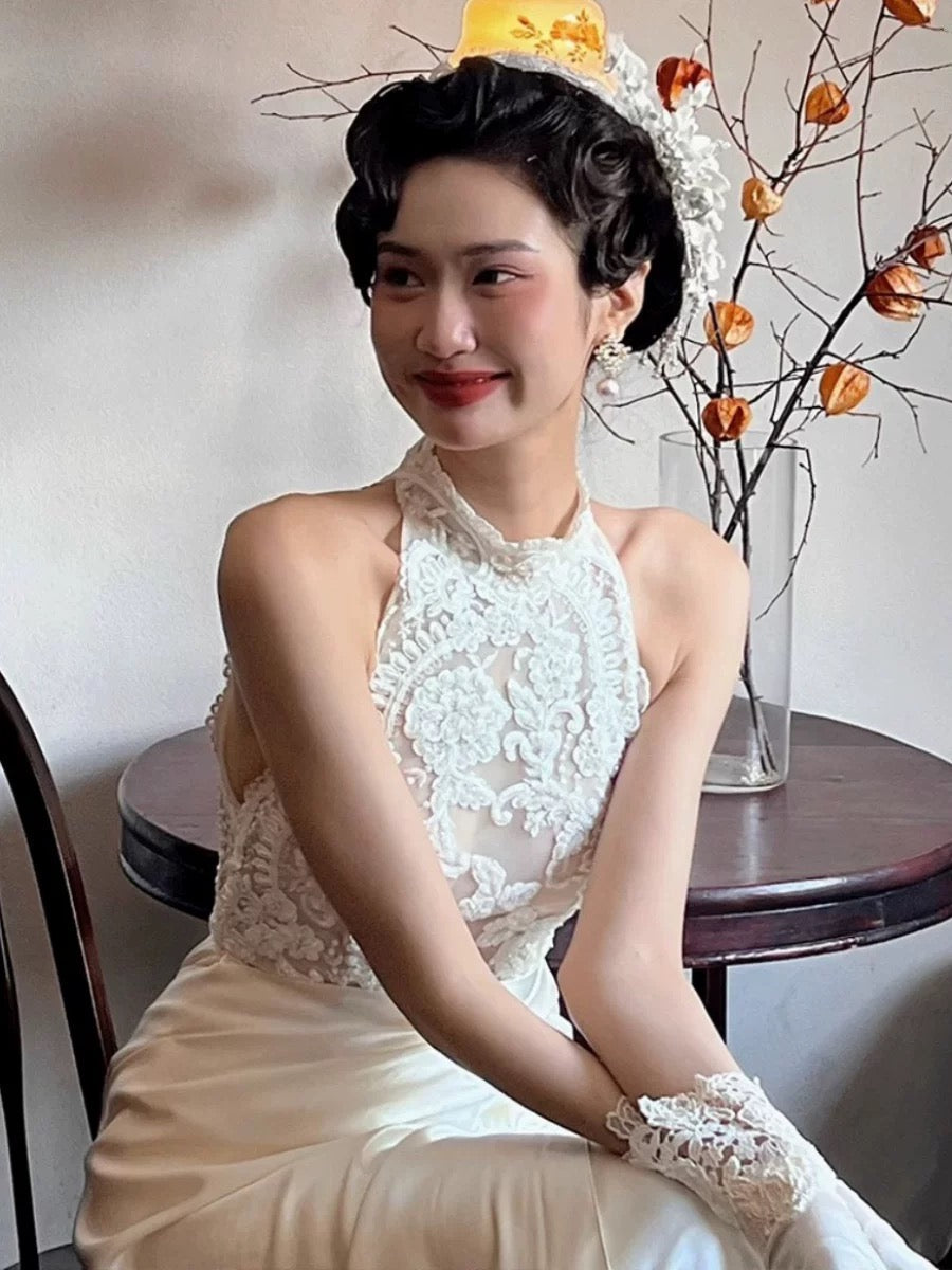 Vestido de novia vintage de corte A, cuello alto, satén blanco, largo de verano, W0746