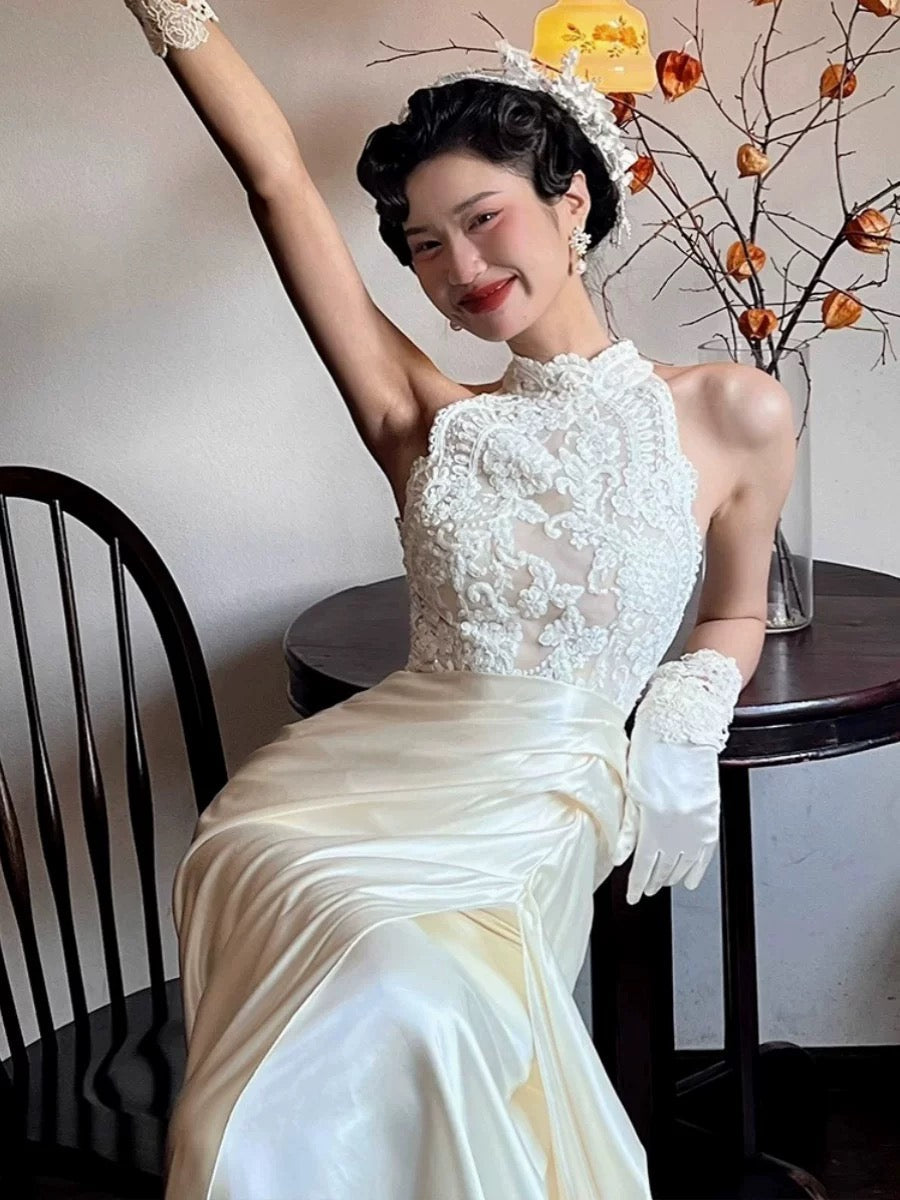 Vestido de novia vintage de corte A, cuello alto, satén blanco, largo de verano, W0746