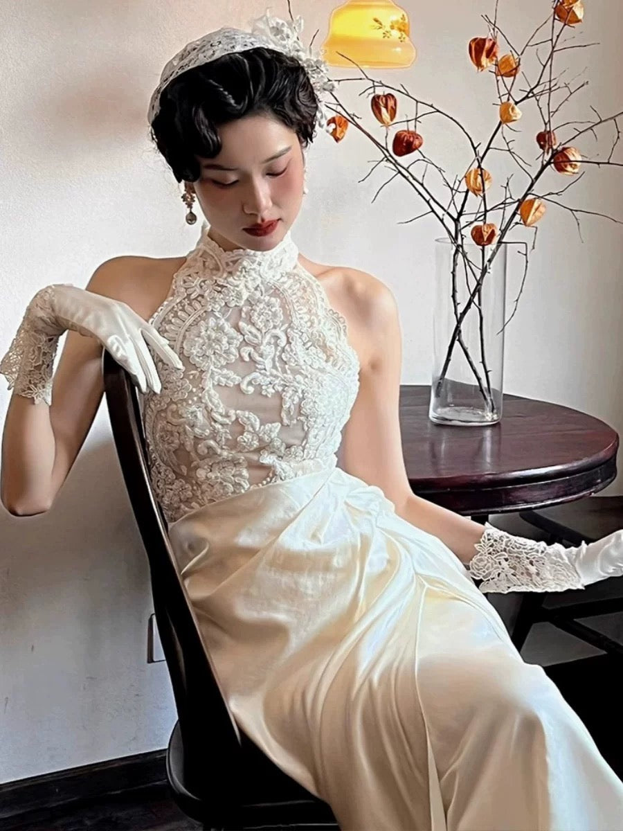 Vestido de novia vintage de corte A, cuello alto, satén blanco, largo de verano, W0746