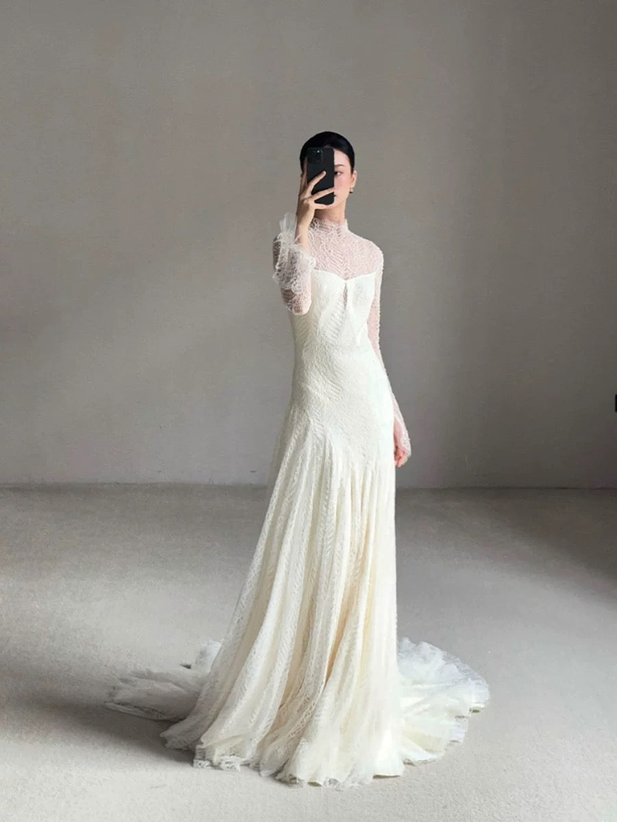 Vestido de novia vintage de sirena, cuello alto, mangas largas, encaje blanco, vestidos de novia largos de verano W0748