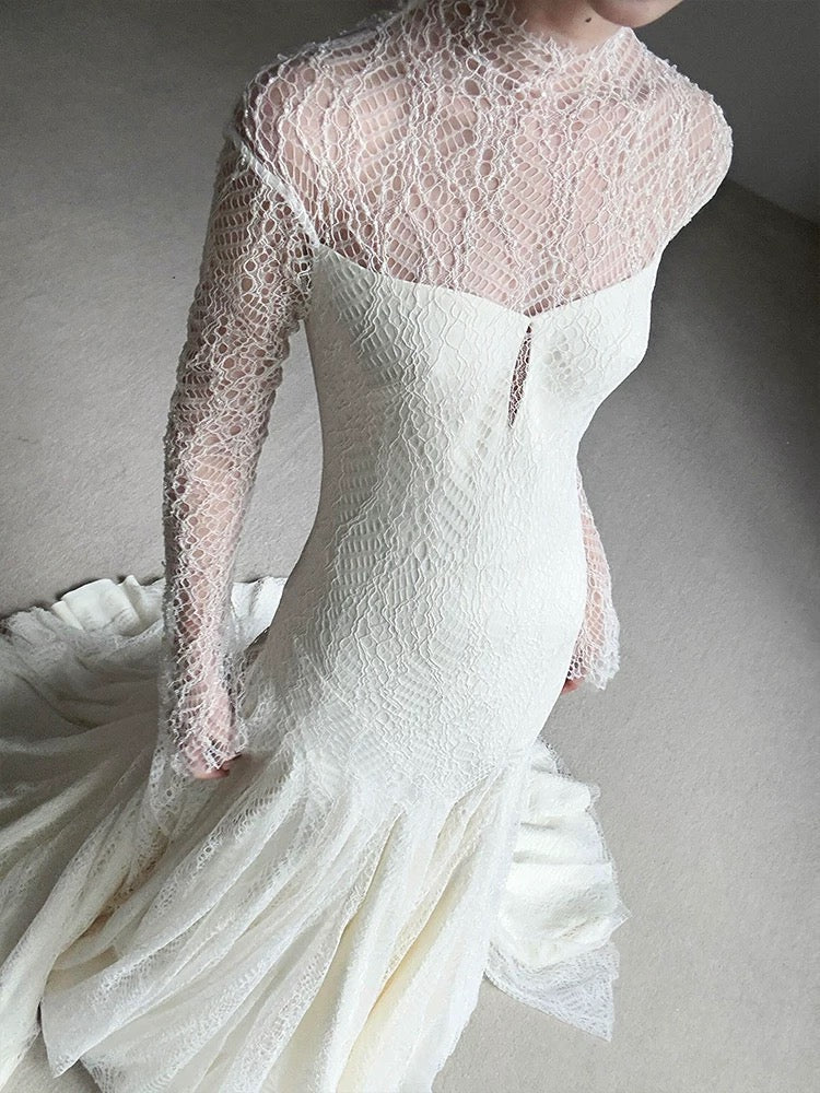 Vestido de novia vintage de sirena, cuello alto, mangas largas, encaje blanco, vestidos de novia largos de verano W0748