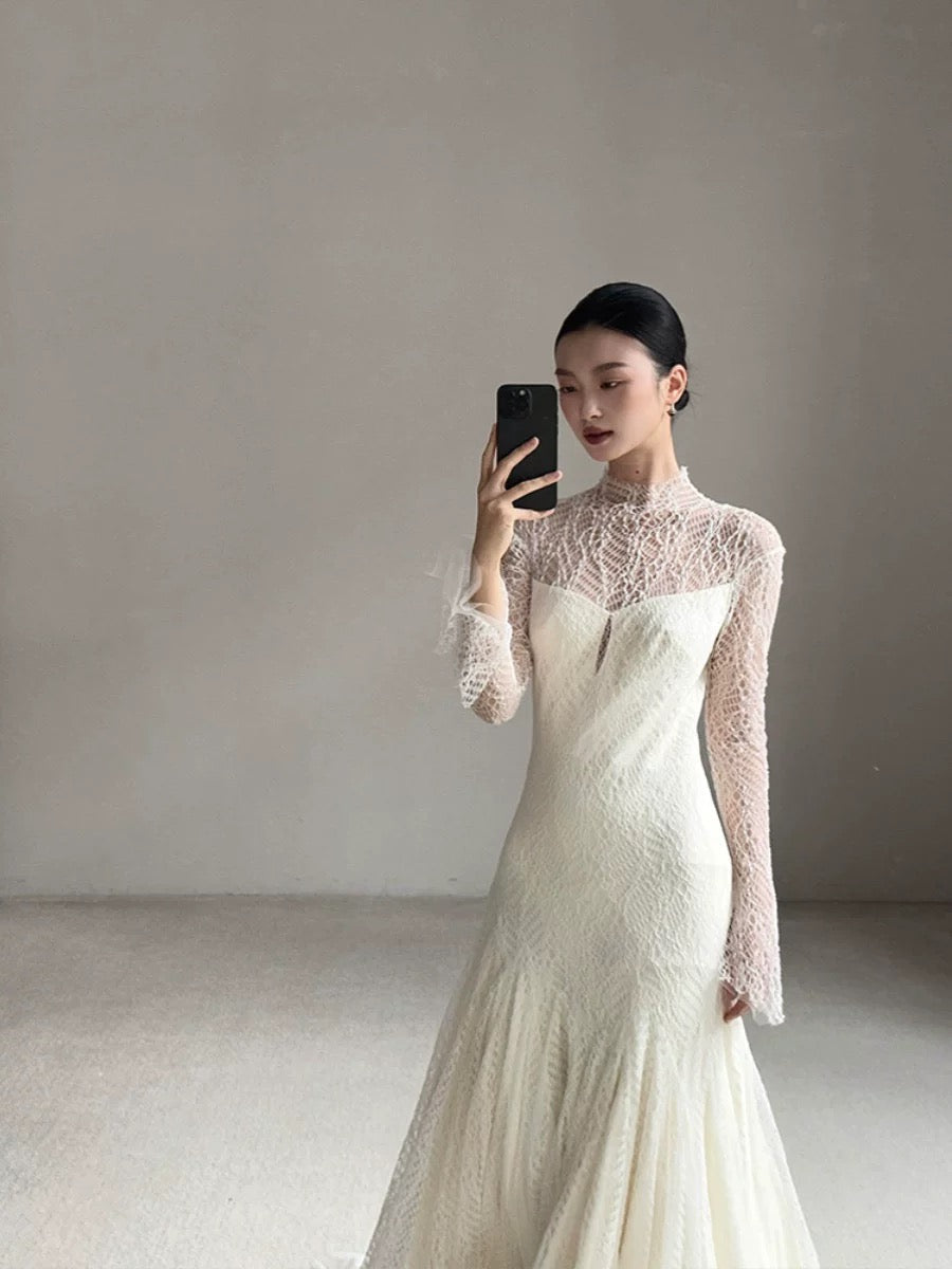 Vestido de novia vintage de sirena, cuello alto, mangas largas, encaje blanco, vestidos de novia largos de verano W0748