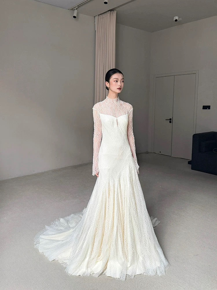 Vestido de novia vintage de sirena, cuello alto, mangas largas, encaje blanco, vestidos de novia largos de verano W0748