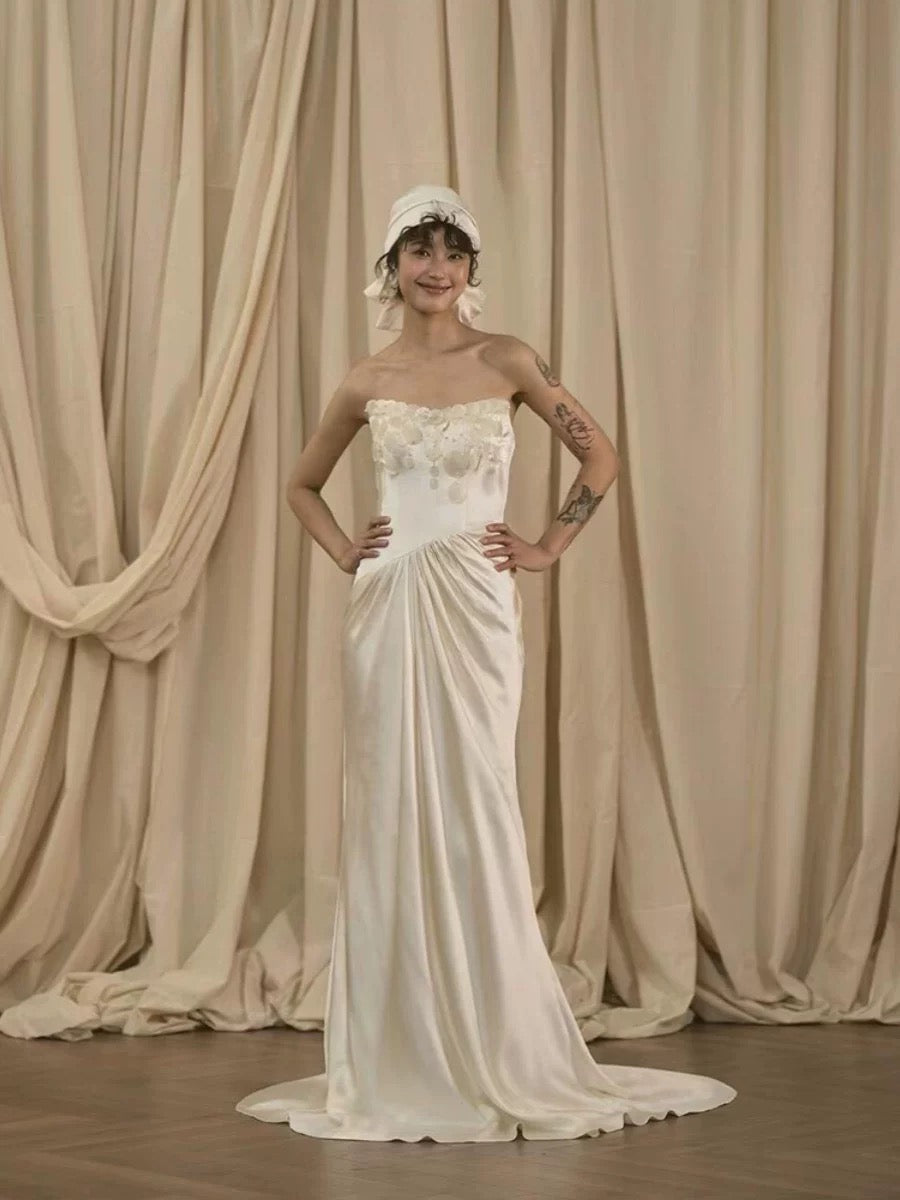 Vestido de novia vintage de sirena sin tirantes, blanco, largo de verano, W0751