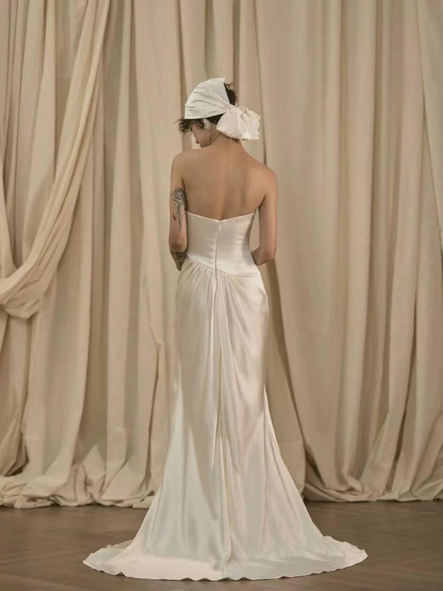 Vestido de novia vintage de sirena sin tirantes, blanco, largo de verano, W0751