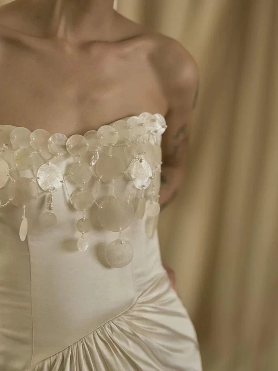 Vestido de novia vintage de sirena sin tirantes, blanco, largo de verano, W0751