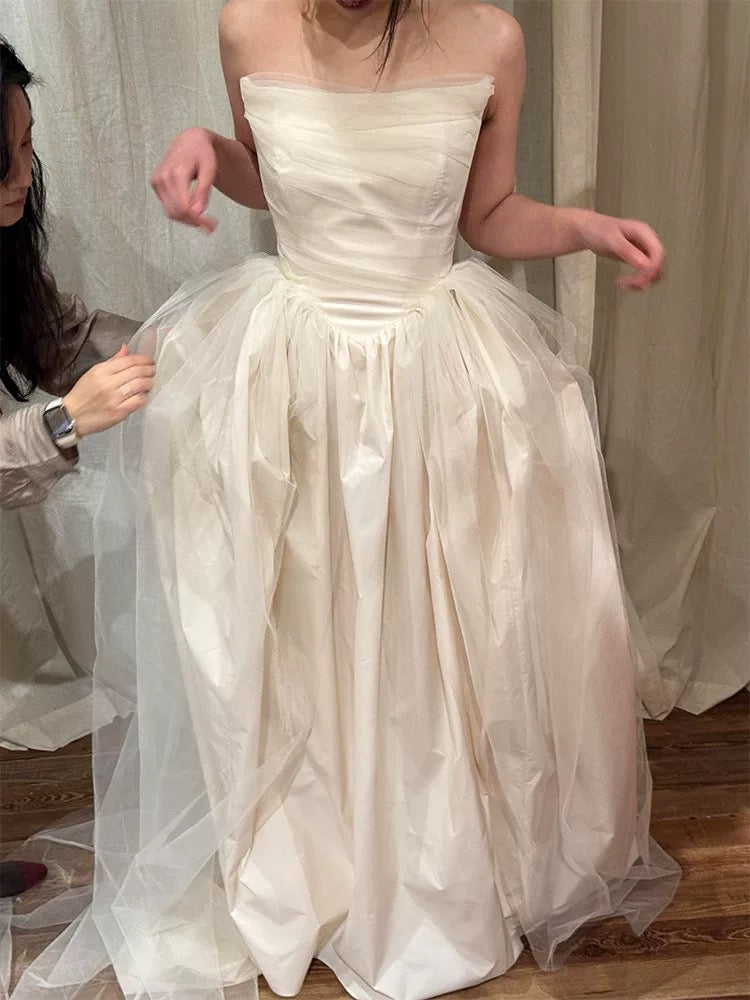 Vestido de novia vintage, vestido de fiesta sin tirantes, color marfil, largo de verano, vestidos de novia W0764