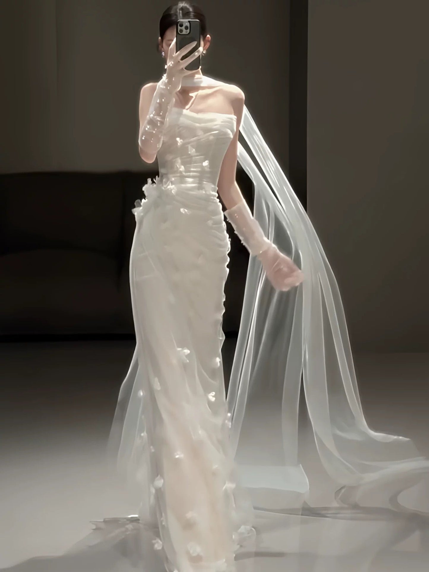 Vestido de novia sencillo de sirena sin tirantes, de tul blanco, floral, para verano, playa, largo, W0778
