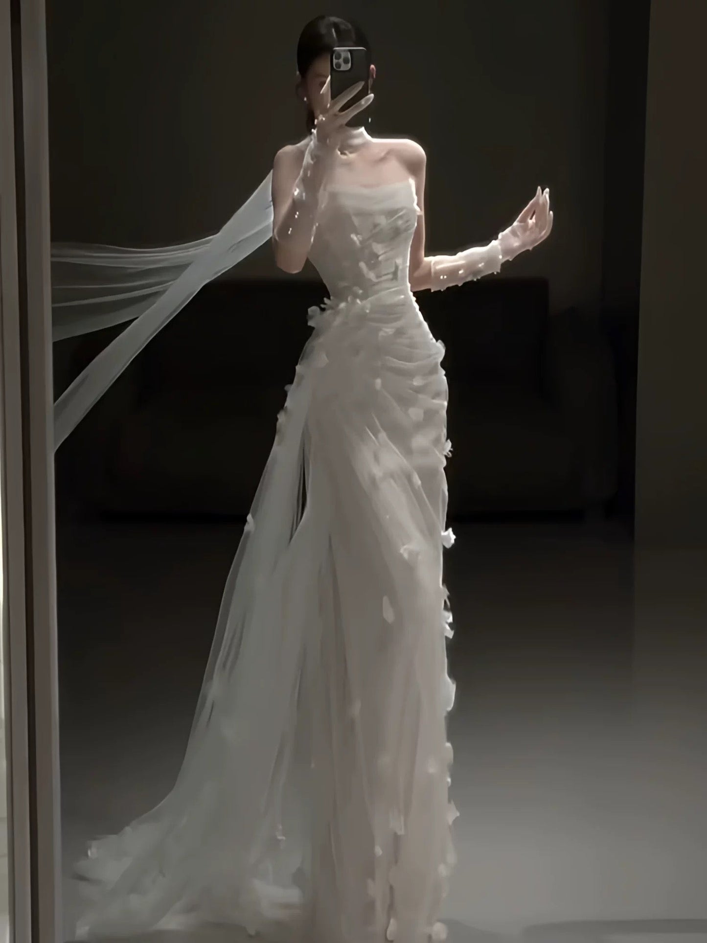 Vestido de novia sencillo de sirena sin tirantes, de tul blanco, floral, para verano, playa, largo, W0778