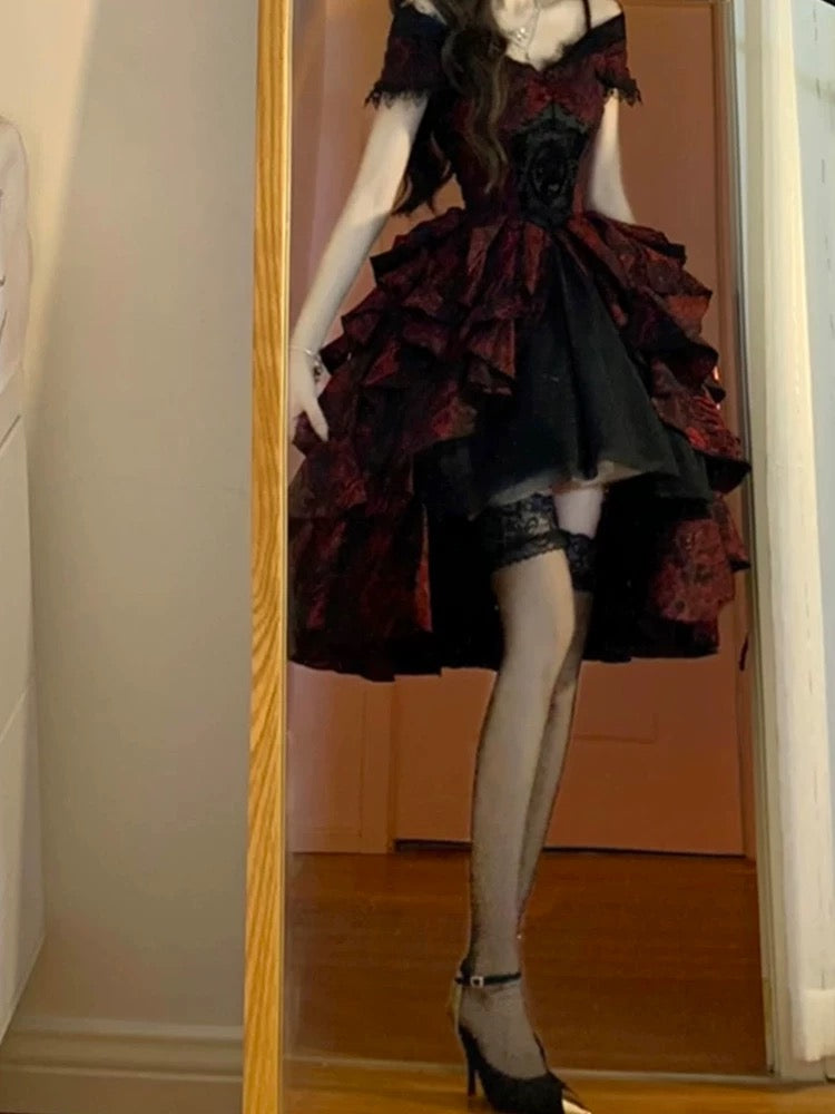 Vestido vintage de fiesta gótico de manga corta con hombros descubiertos, negro, rojo y burdeos, para 16 cumpleaños, estilo lolita, W1003