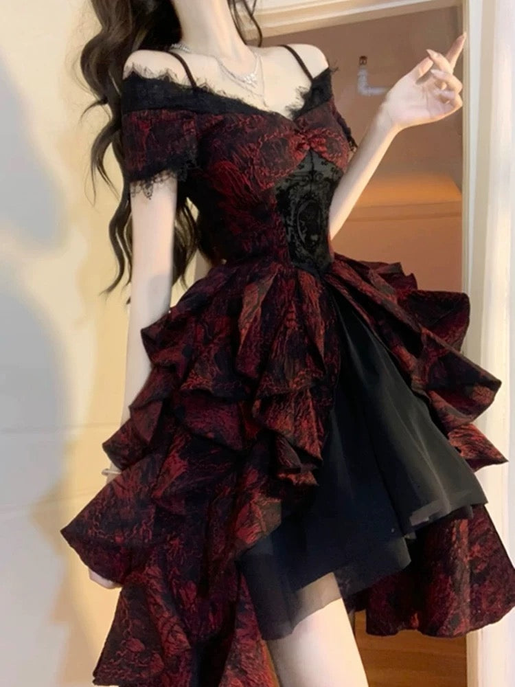 Vestido vintage de fiesta gótico de manga corta con hombros descubiertos, negro, rojo y burdeos, para 16 cumpleaños, estilo lolita, W1003