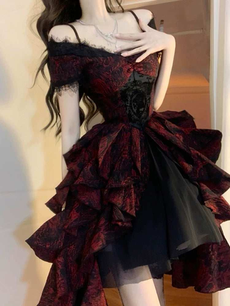 Vestido vintage de fiesta gótico de manga corta con hombros descubiertos, negro, rojo y burdeos, para 16 cumpleaños, estilo lolita, W1003