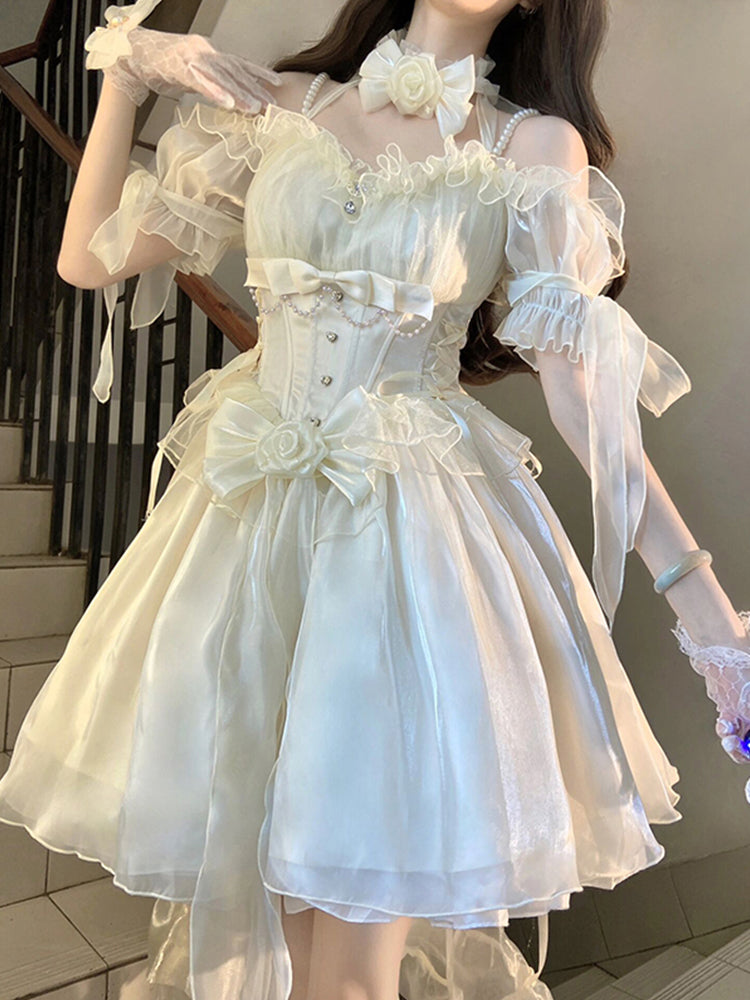 Vestido vintage blanco de verano estilo lolita para cumpleaños número 18, con hombros descubiertos, mangas cortas y corte alto, W1011