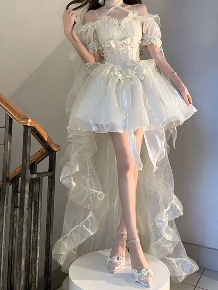 Vestido vintage blanco de verano estilo lolita para cumpleaños número 18, con hombros descubiertos, mangas cortas y corte alto, W1011