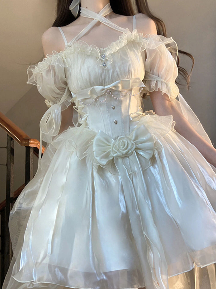 Vestido vintage blanco de verano estilo lolita para cumpleaños número 18, con hombros descubiertos, mangas cortas y corte alto, W1011