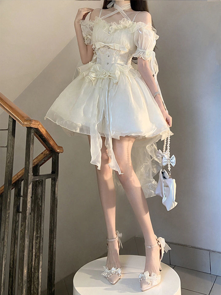 Vestido vintage blanco de verano estilo lolita para cumpleaños número 18, con hombros descubiertos, mangas cortas y corte alto, W1011