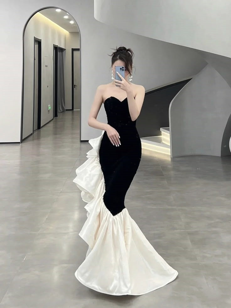 Elegante vestido de fiesta largo de satén negro con escote corazón y corte sirena para verano, ideal para cumpleaños número 20 y cumpleaños número 18, W1027