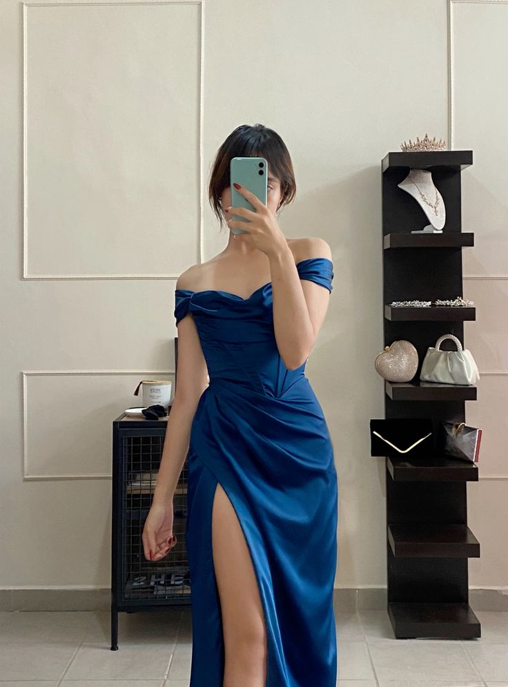 Elegante vestido de fiesta largo de sirena con hombros descubiertos, azul rey, con abertura, para fiesta de verano, para 20 cumpleaños y 18 cumpleaños, W1038