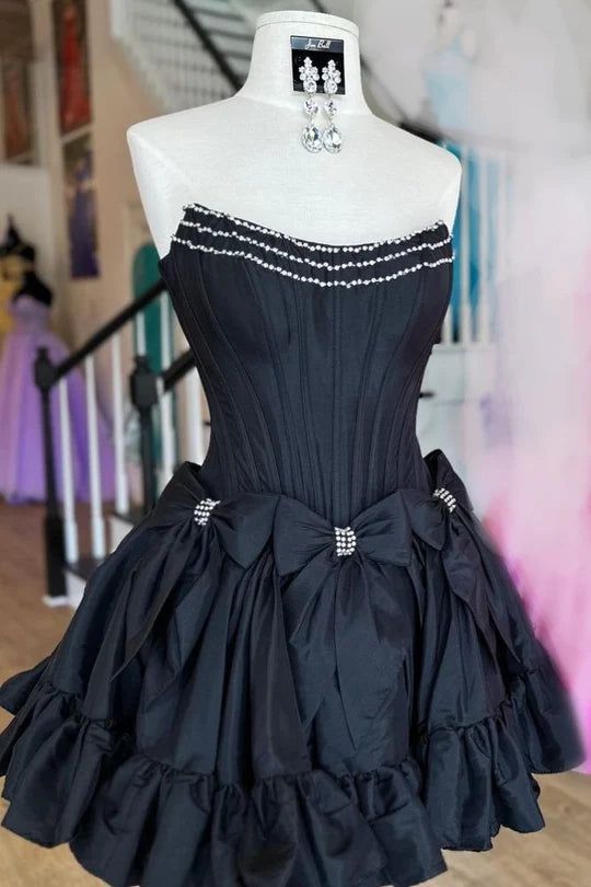 Lindos mini vestidos de fiesta sin tirantes, corte A, con cuentas, para cumpleaños número 18, vestido Hoco, atuendo para cumpleaños número 21, vestidos de cóctel W1145