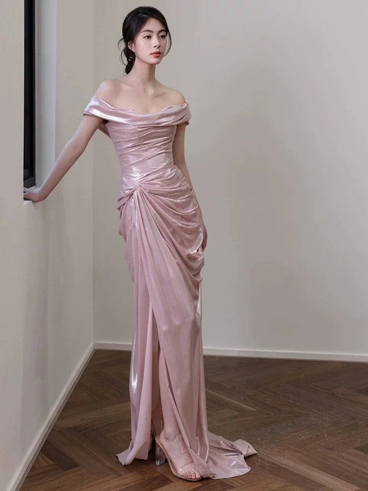 Elegante vestido de noche largo de sirena con hombros descubiertos, de satén rosa, de manga corta, para fiesta, formal, de noche, para graduación, W801