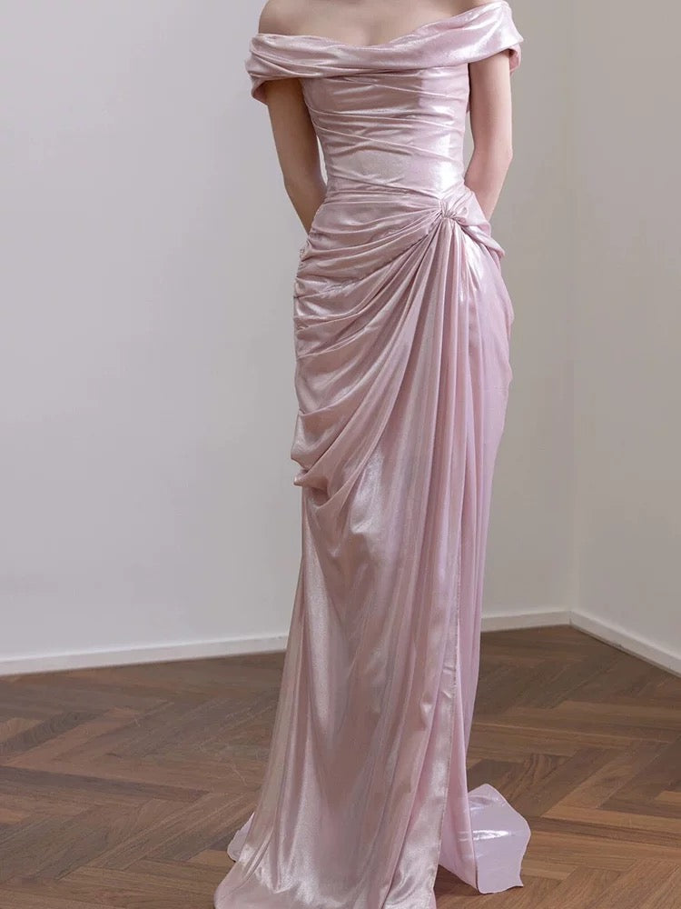 Elegante vestido de noche largo de sirena con hombros descubiertos, de satén rosa, de manga corta, para fiesta, formal, de noche, para graduación, W801