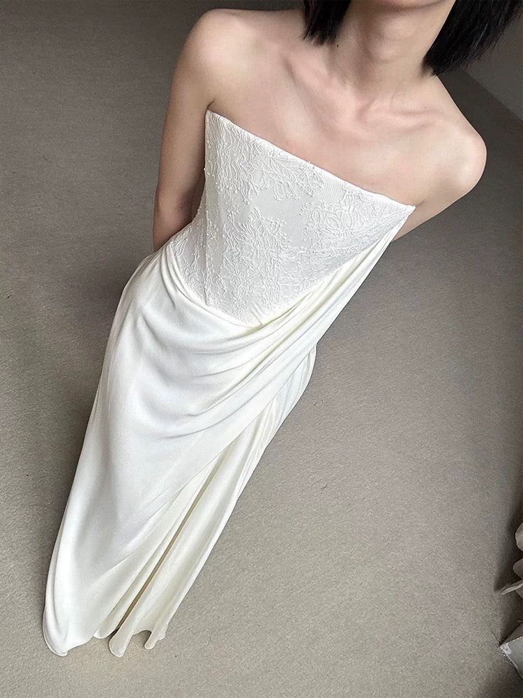 Hermoso vestido de novia blanco largo de satén sin tirantes, vestido de novia W804