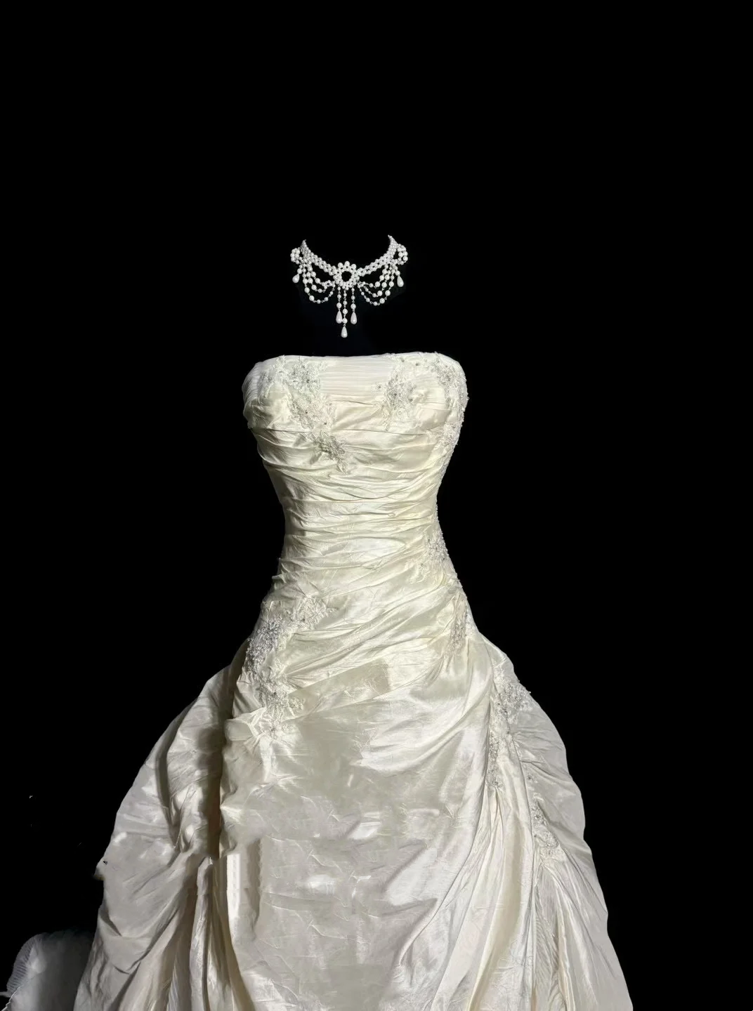 Vestido de novia vintage, vestido de fiesta sin tirantes, color marfil, de tafetán, largo, estilo retro, modesto, W879