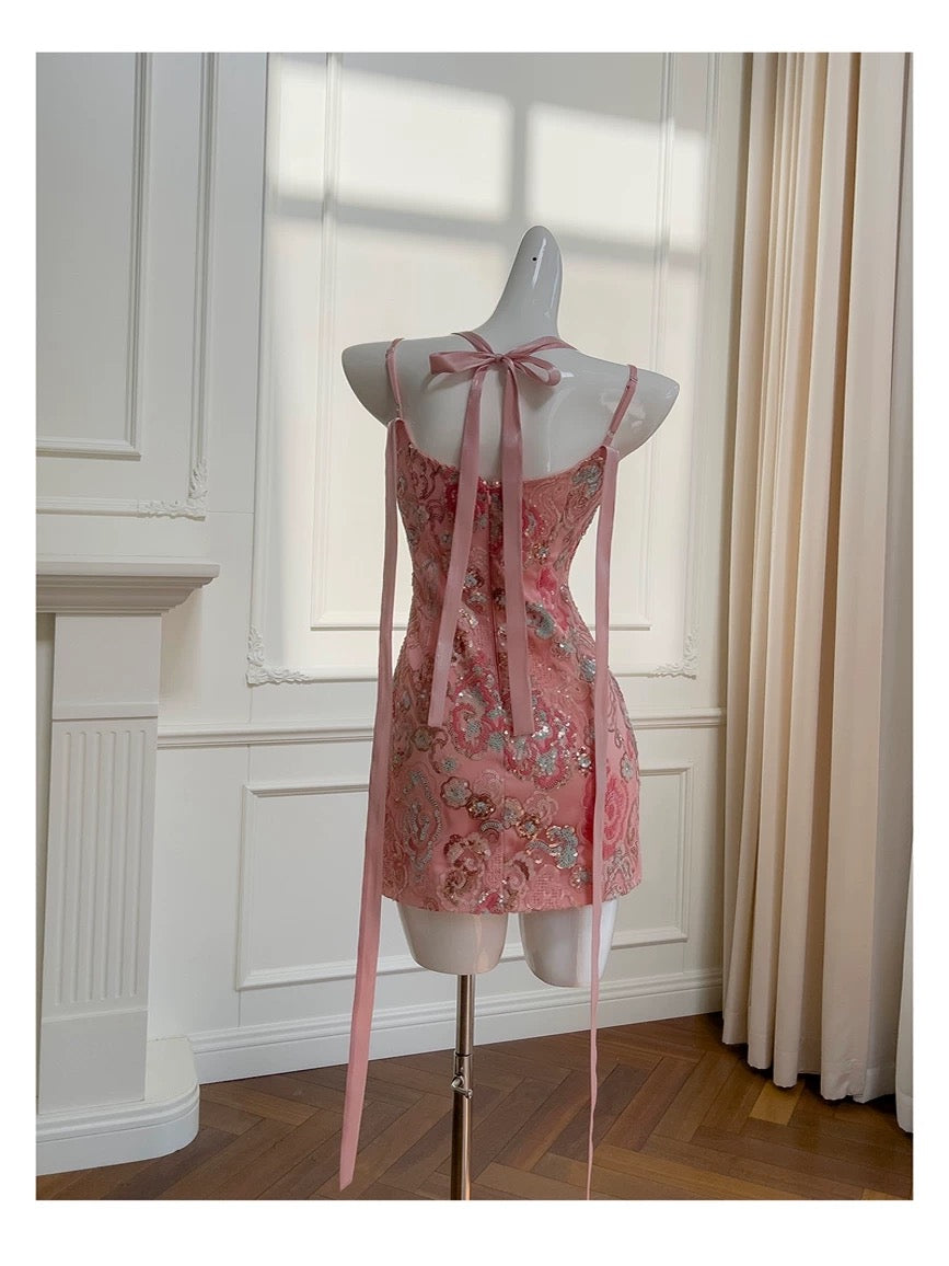 Bonito vestido de verano con tirantes finos y lentejuelas rosas para adolescentes, vestido de fiesta para 16 cumpleaños, minivestido para 18 cumpleaños, vestidos de cóctel para mujer W907